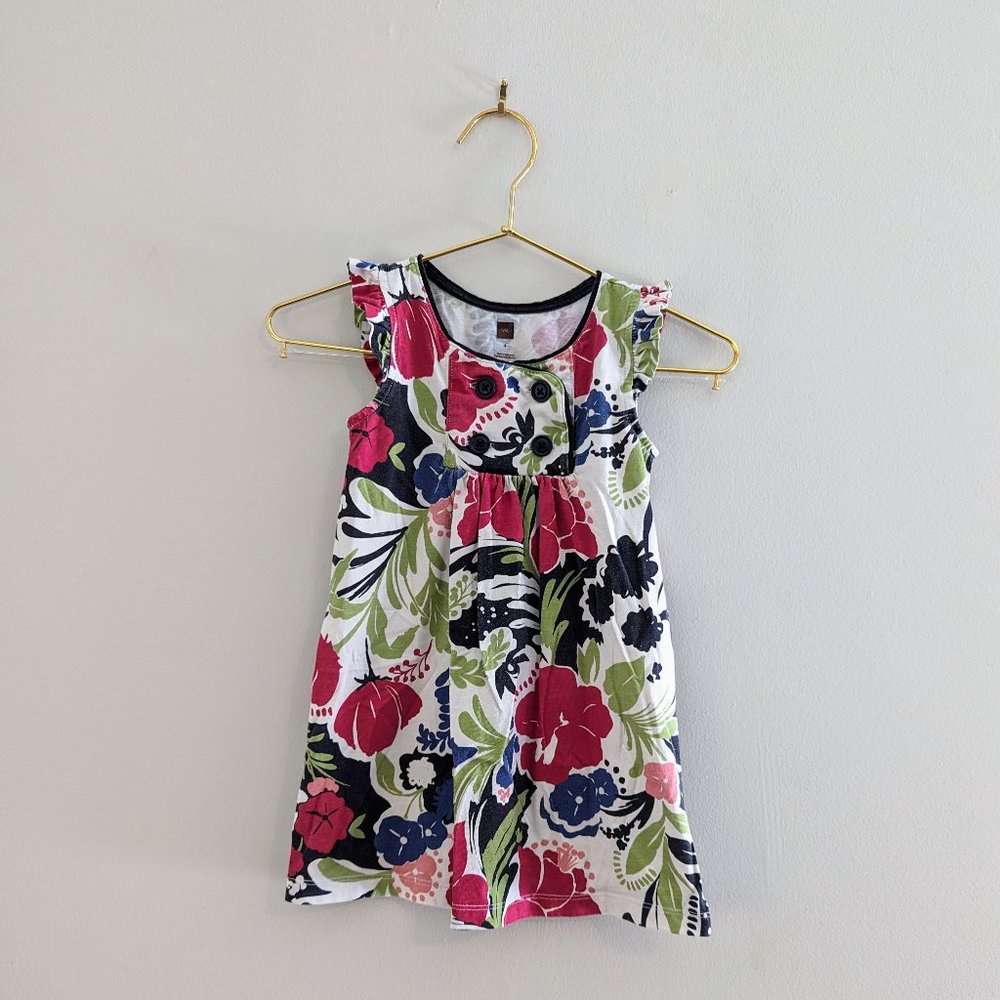 Tea Floral Girls Sleeveless Dress With Buttons Size 4